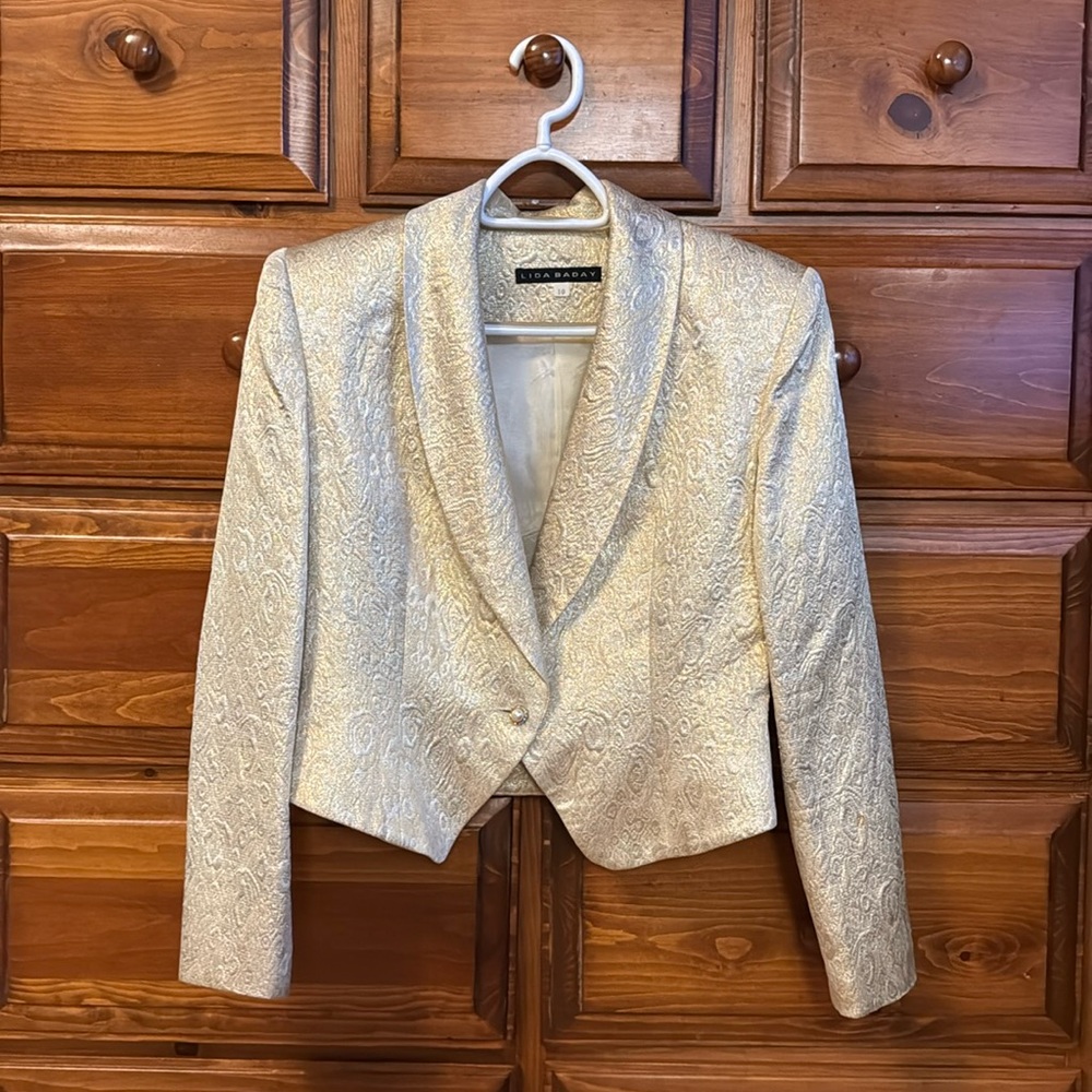 VINTAGE LIDA BADAY Blazer Champagne Gold Shimmer Brocade Padded Shoulder.